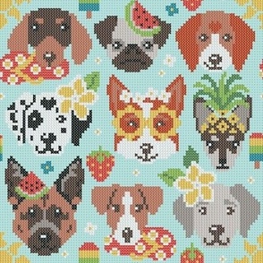 Small scale // Summer pawsing // aqua background cross stitch dog breeds dachshund pug beagle dalmatian welsh corgi chihuahua  
german shepherd jack russel terrier labrador with plumeria flowers strawberries pineapples watermelons ice cream popsicles and