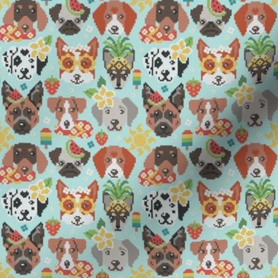 Tiny scale // Summer pawsing // aqua background cross stitch dog breeds dachshund pug beagle dalmatian welsh corgi chihuahua  
german shepherd jack russel terrier labrador with plumeria flowers strawberries pineapples watermelons ice cream popsicles and 