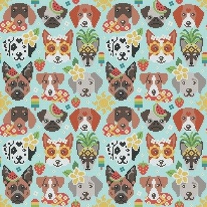 Tiny scale // Summer pawsing // aqua background cross stitch dog breeds dachshund pug beagle dalmatian welsh corgi chihuahua  
german shepherd jack russel terrier labrador with plumeria flowers strawberries pineapples watermelons ice cream popsicles and 