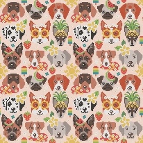 Tiny scale // Summer pawsing // blush coral background cross stitch dog breeds dachshund pug beagle dalmatian welsh corgi chihuahua  
german shepherd jack russel terrier labrador with plumeria flowers strawberries pineapples watermelons ice cream popsicl