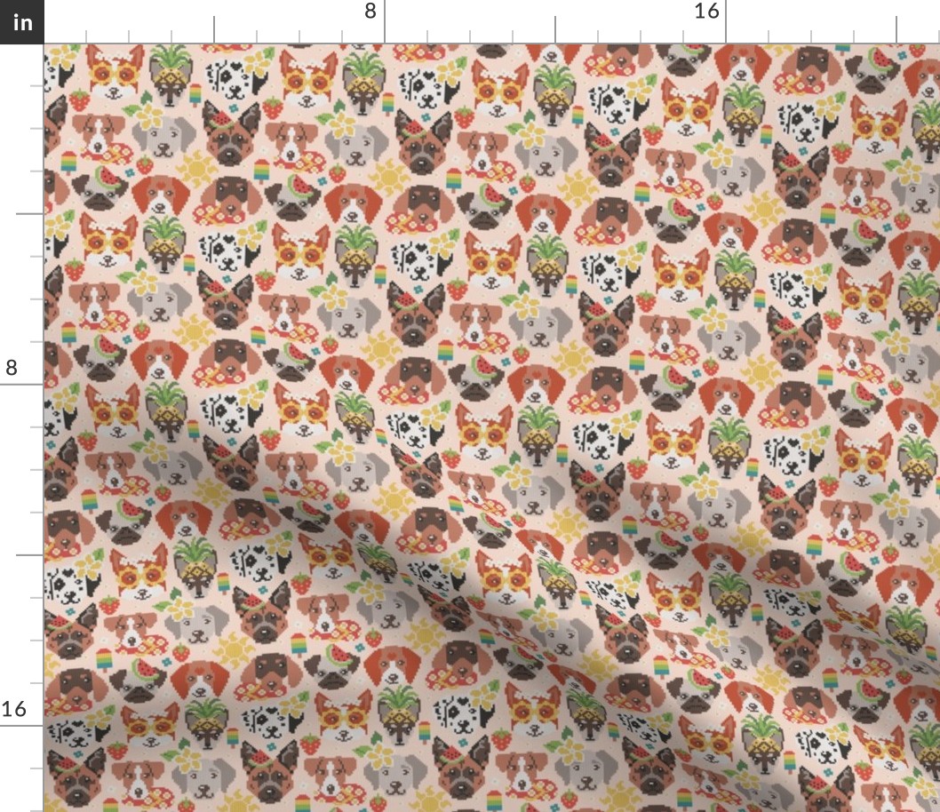 Tiny scale // Summer pawsing // blush coral background cross stitch dog breeds dachshund pug beagle dalmatian welsh corgi chihuahua  
german shepherd jack russel terrier labrador with plumeria flowers strawberries pineapples watermelons ice cream popsicl