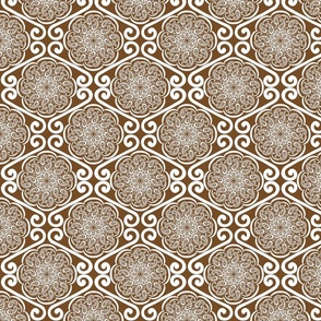 Seamless floral pattern-191. White mandalas, boho style, brown background.