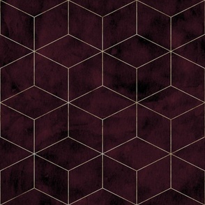 Art deco style gold and dark maroon watercolor cubes