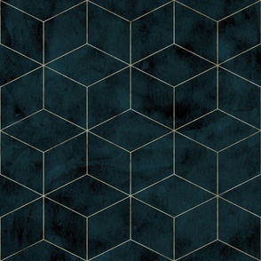 Art deco style gold and dark teal blue watercolor cubes