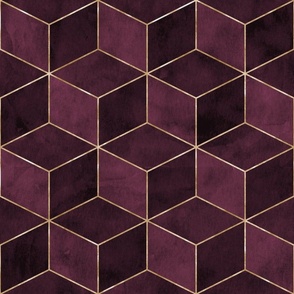 Art deco style gold and dark maroon watercolor cubes