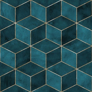 Art deco style gold and dark teal watercolor cubes