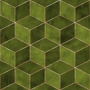 Art deco style gold and green watercolor cubes