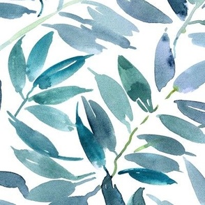 Teal tropical flora - watercolor emerald leaves - painted watercolour leaf greenery for modern home decor a544-3