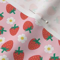 Strawberries with strawberry flowers on blush pink, strawberry fabric scale XS