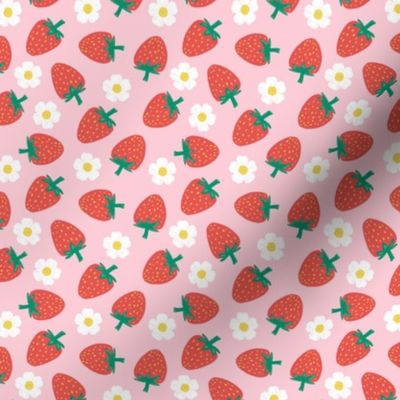 Strawberries with strawberry flowers on blush pink, strawberry fabric scale XS