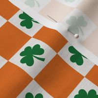  Saint Patricks Day Checkers with Shamrock, St Pattys Day Fabric Green, Orange and White on Faux Linen Texture