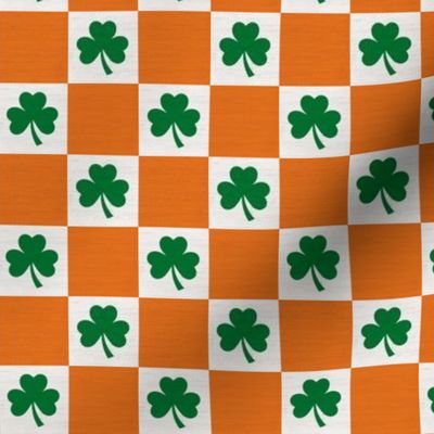  Saint Patricks Day Checkers with Shamrock, St Pattys Day Fabric Green, Orange and White on Faux Linen Texture