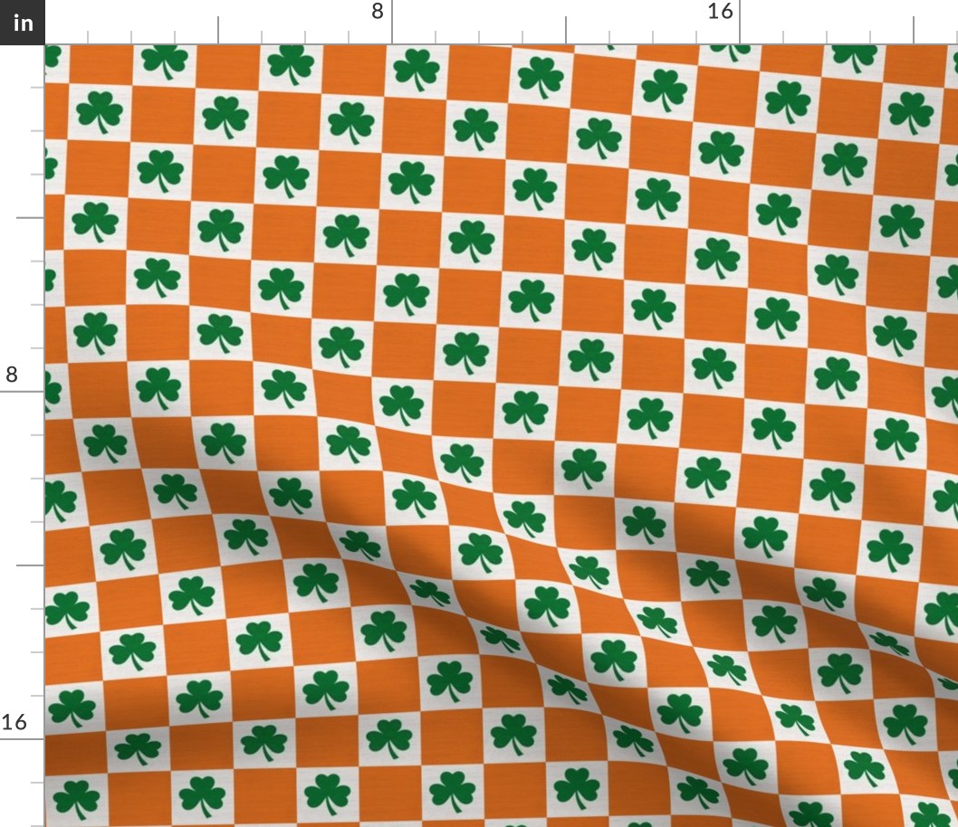  Saint Patricks Day Checkers with Shamrock, St Pattys Day Fabric Green, Orange and White on Faux Linen Texture