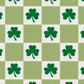 Saint Patricks Day Checkers with Shamrock, St Pattys Day Fabric Green, Light Green and White on Faux Linen Texture