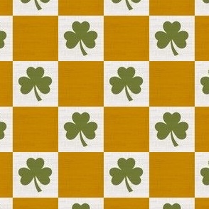 Saint Patricks Day Checkers with Shamrock, St Pattys Day Fabric Green, Orange and White on Faux Linen Texture
