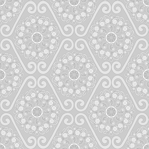 Seamless floral pattern-192. White floral mandalas, boho style, grey background.