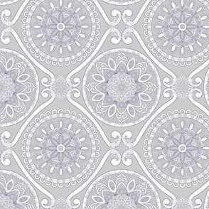 Seamless floral pattern-193. White swirl mandalas, boho style, grey background.