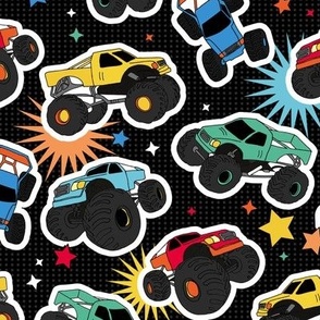 Cool colorful monster trucks with stars and lightning comic detailing boys cars design blue red orange yellow on charcoal gray 