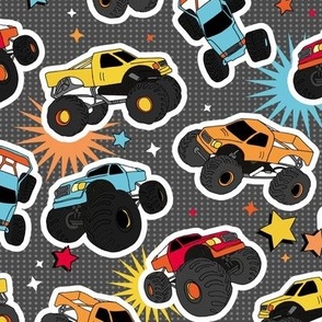 Cool colorful monster trucks with stars and lightning comic detailing boys cars design blue red orange yellow on gray 