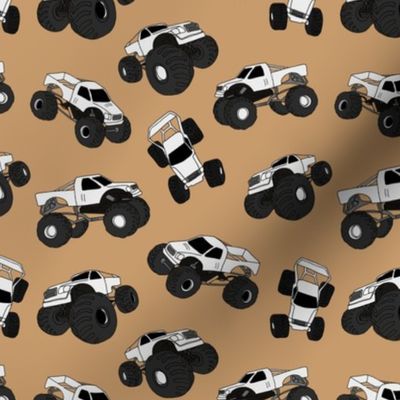 Cool monster trucks - freehand retro car toy design for kids caramel black and white neutral palette