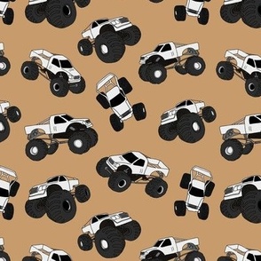 Cool monster trucks - freehand retro car toy design for kids caramel black and white neutral palette