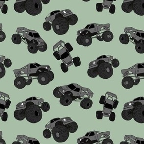 Cool monster trucks - freehand retro car toy design for kids sage green gray