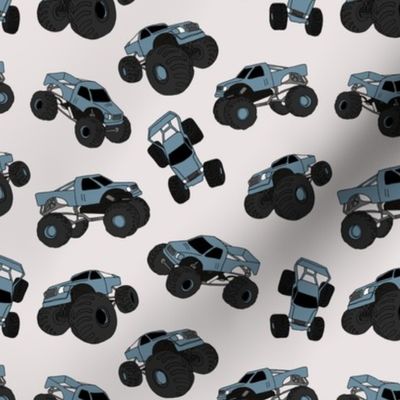 Cool monster trucks - freehand retro car toy design for kids cool blue on sand