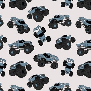 Cool monster trucks - freehand retro car toy design for kids cool blue on sand