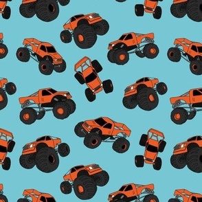 Cool monster trucks - freehand retro car toy design for kids orange on teal blue