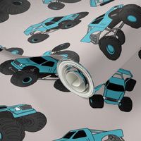 Cool monster trucks - freehand retro car toy design for kids blue teal on soft gray