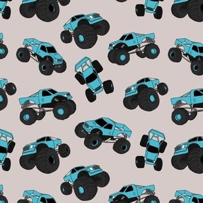 Cool monster trucks - freehand retro car toy design for kids blue teal on soft gray