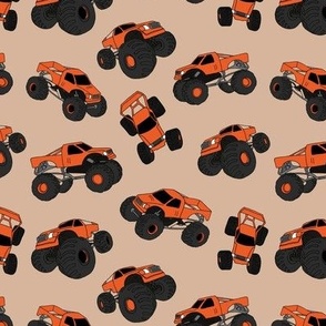 Cool monster trucks - freehand retro car toy design for kids beige orange seventies palette