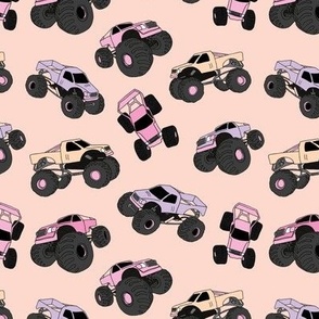Cool monster trucks - freehand retro car toy design for kids pink peach girls palette