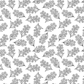 Seamless floral pattern-194. Line art style, black flowers, white background.