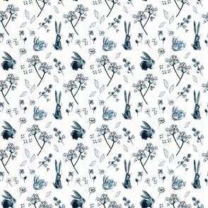 Rabbits in Blue and White Fabric,  Rabbit Lover Fabric
