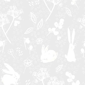 White Bunny Rabbits, Neutral, Unisex Fabric, MEDIUM, folk, white and gray, bunnies
