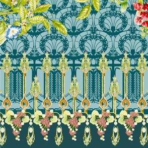 Ultra Maximalist Turquoise and Teal Floral Opulence Garden Panel LS