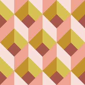 Spring Garden Geometric Brick Design - Pink, Mustard and Brick
