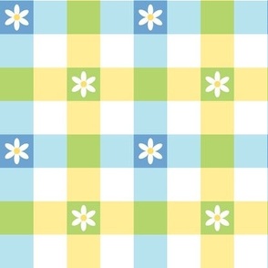 daisies blue green and yellow gingham check