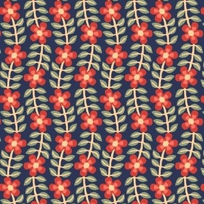 365 - Ditsy scale Modern minimalist floral vine in navy, sage green, palest yellow and orange red with pretty flowers and foliage – for home decor, curtains, wallpaper, vintage crafts, retro decor, bold bedlinen and eye-catching table linen