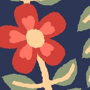 365 - Jumbo large scale -Modern minimalist floral vine in navy, sage green, palest yellow and orange red with pretty flowers and foliage – for home decor, curtains, wallpaper, vintage crafts, retro decor, bold bedlinen and eye-catching table linen