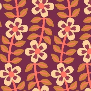 365 - Medium scale Modern minimalist floral vine in coral pink, purple and olive green with pretty flowers and foliage – for home decor, curtains, wallpaper, vintage crafts, retro decor, bold bedlinen and eye-catching table linen