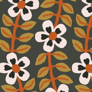 365 - Jumbo scale Modern minimalist floral vine in orange mustard, charcoal, olive green with pretty flowers and foliage – for home decor, curtains, wallpaper, vintage crafts, retro decor, bold bedlinen and eye-catching table linen