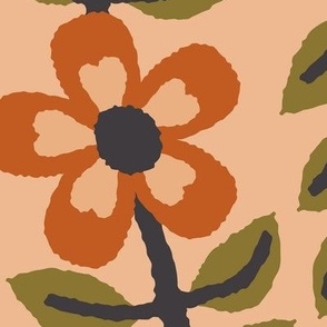 365 - Jumbo scale Modern minimalist floral vine in mustard, olive green, apricot and charcoal with pretty flowers and foliage – for home decor, curtains, wallpaper, vintage crafts, retro decor, bold bedlinen and eye-catching table linen