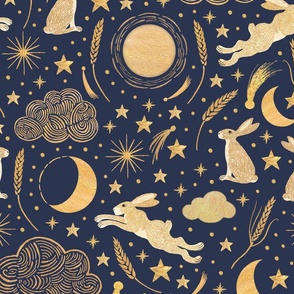 Harvest Moon Hares - Golden on indigo - large scale