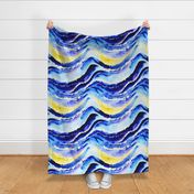 Watercolor Ocean Waves - 1374 jumbo // horizontal blue yellow