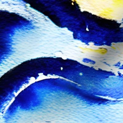 Watercolor Ocean Waves - 1374 jumbo // horizontal blue yellow