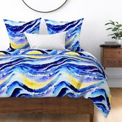 Watercolor Ocean Waves - 1374 jumbo // horizontal blue yellow