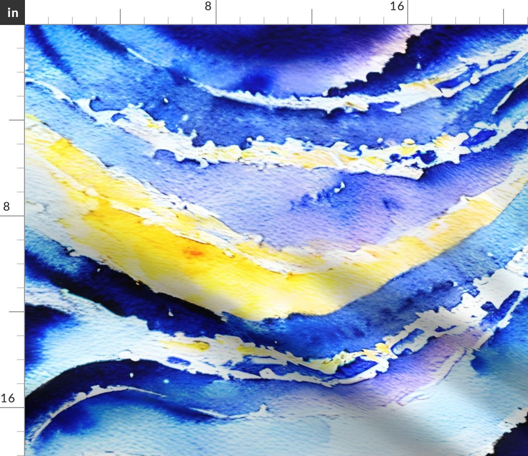 Watercolor Ocean Waves - 1374 jumbo // horizontal blue yellow