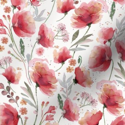 Red Poppy Red Poppies Meadow Wildflowers Red Floral watercolor Baby Nursery Small Fabric
